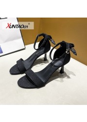 Flock Beige High Heels Sandals for Women 2020 Summer Shoes Women Fashion Open Toe Buckle Casual Sandals Square Heel Women's Shoes