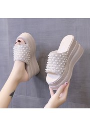 Rimocy 2022 Platform Wedge Sandals Women Summer Shoes Ultra High Heels Pearl Wedge Sandals Women Open Toe Platform Wedge Sandals