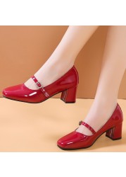 Lucifer Mary Janes Patent Leather Women Shoes Crystal Buckle 2022 Solid Color Chunky Heel Women Shoes Black Red