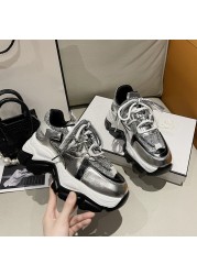 Rimocy Glitter Silver Chunky Sneakers Women Street Fashion Thick Sole Vulcanized Shoes Woman 2022 Spring High Platform Sneakers