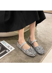 Rimocy Suqare Women Silver Sequin Toe Flat Shoes 2022 Spring Summer Flat Heel Mary Jane Shoes Women Buckle Casual Shallow Shoes