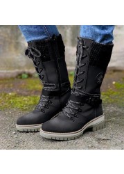 Women's Winter Side Pull Lace-up Knitted Mid Tube Boots Low Heel Round Toe Boots High Quality Winter Warm Boots Botas De Mujer