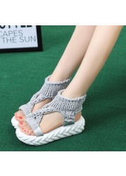 Women Gladiator Sandals Summer Flat Wool Shoes Thick Bottom Knitting Solid Sandals Ladies Platform Sandalias Zapatos Mujer