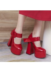 CONASCO Punk Women Thick High Heel Pumps Party Buckles Night Club Prom Shoes Woman Genuine Leather Pumps