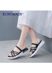 Slippers Women Summer Flat Shoes Female String Bead Pantofle Lady Slides Fashion Low 2022 Girl Luxury Fabric Rubber Rome Hoof He