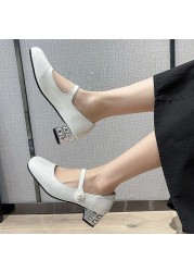 Lucyever Fashion Pearls Ankle Strap Pumps Women Shoes 2022 Rhinestone Thick Heels Mary Janes Woman Patent Leather Office Shoes