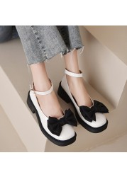 Lucyever Black Bowknot Med Heels Mary Jane Shoes Women 2022 Ankle Strap Platform Pu Leather Shoes Woman Vintage Thick Heel Pumps