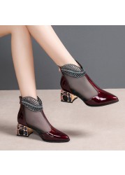 2021 spring summer new chunky heels patent leather pumps women hollow-out plus size shoes rhinestone mesh closed toe sandals