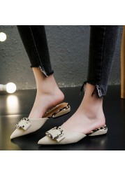 Fashion Women's Flat Shoes Pointed Toe Buckle Square Thick Heel Mules