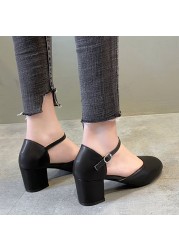 Rimocy Black Women Mary Jane Round Heel Pumps Women Platform Thick Heel Ankle Strap Shoes Women Summer PU Faux Leather Boots