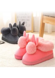 Autumn Winter Cotton Slippers Rabbit Fur Home Warm Thick Bottom Indoor Cotton Shoes Women Slippers Cute Fluffy Cat Slippers