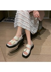 Metal buckle decoration split leather slip on women sandals flat platform fashion women's shoes summer sandals black beige