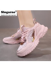 Women's spring autumn air mesh sneakers lady's running shoes girl's high elastic thick-soled middle school students leather shoes