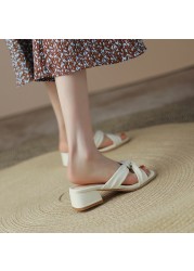 EGONERY Women Fashion Slippers Good Quality Genuine Leather Brand Summer Shoes Open Toe Thick Heel Retro Pumps Ladies 34-43 CN