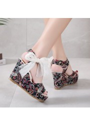 Rimocy Print Bohemia Wedges Sandals for Women 202 Summer Super High Heels Peep Toe Sandalias Mujer Plus Size Beach Platform Shoes