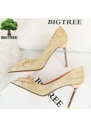 BIGTREE Pearl Floral Shoes Woman Pumps Rhinestone High Heels 2022 New Luxury Women's Heels Stiletto Plus Size Ladies Pumps