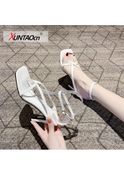 New Fashion Narrow Band Gladiator Sandals Women Thin High Heels Elegant Pumps Square Toe Ankle Buckle Strap Party Shoes