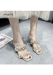 2022 New Women Transparent PVC Beaded Shoes Slippers Open Toe Female Beach Perspex Heels Crystal Shoes Female Shoes