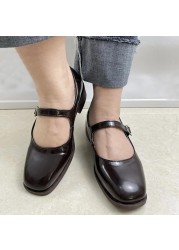 Lucifer Buckle Strap Low Heel Mary Jane Shoes Women 2022 Square Toe Patent Leather Shoes Woman Vintage Dark Brown Pumps Ladies