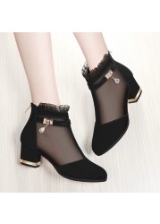 Woman Mesh Gauze Light Heels Chunky Heels Pants Female Shoes Fash Breathable Shoes New Black Single Shoes Shoes Sandals