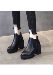 Women's boots British style autumn and winter new chunky Hee fashion platform all-match short boots wool lined high heel shoes