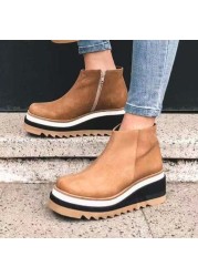 Plus size 43 wedge heel ankle boots women 2021 autumn and winter new flat side zipper leather boots women botas de mujer