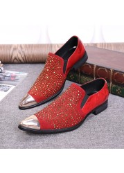 Spring summer fashion loafers rhinestones casual shoes men pointed toe slip on real leather shoes nightclub bar party shoes