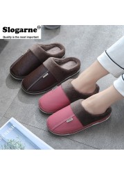 Couples Women Men Winter Slippers Home Cotton Shoes For Lovers Men Indoor Slippers Plush Warm Indoor PU Leather Waterproof Unisex