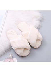 Fashion Women Cozy Fluffy Slippers Cozy Faux Fur Cross Indoor Floor Slides Flat Soft Furry Ladies Female Celebrity Flip Flops