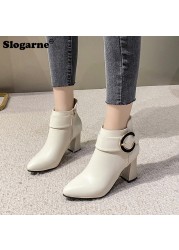 Women High Heels Short Boots Female Spring Autumn Ankle Boots Side Zippers Woman Soft Leather Shoes Waterproof Pumps Thick Heel