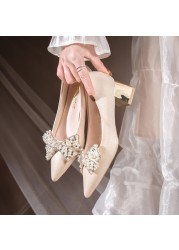 Rimocy Luxury High Heels Pearl Bowknot Women Pumps Pointed Toe Rhinestone Wedding Shoes Woman Champagne Silk Dress Party Pumps