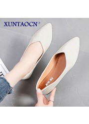 Spring Women Flats Black Pointed Toe Ballet Flats Shallow Boat Shoes Woman Flock Casual Shoes Female Loafers Apricot Pink