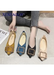 Summer women's shoes sexy pointed square buckle decorative comfortable corduroy fabric banquet flat shoes 2022 new large size