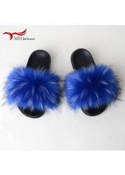 Women Summer New Synthetic Fox Fur Slippers Indoor Home Furry Cute Faux Raccoon Fur Non-slip Outdoor Home Shoes Beach Sandals