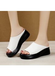 Rimocy 2021 Summer Women Thick Bottom Wedges Slippers New Fashion Soft Leather Platform Sandals Woman Peep Toe Beach Slides