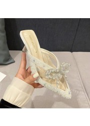 Rimocy Luxury Crystal Bowknot Slippers Women 2022 Summer Sexy Pointed Toe Thin High Heels Sandals Woman Rhinestone Party Shoes