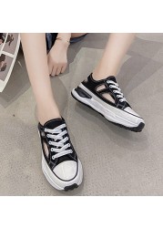 Lucifer Hollow Out Canvas Sneakers Women 2021 Fashion Lace Up Thick Bottom Vulcanize Shoes Woman Non-slip Platform Sandals Lady