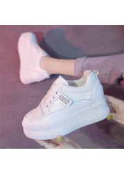 Women Breathable Sneakers Increase Platform Shoes 8cm Casual Shoes Leisure Leather White Shoes Women Vulcanize Shoes 2022