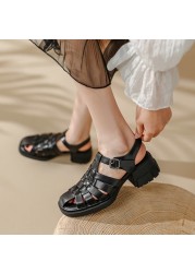2022 summer women shoes round toe low heel shoes women solid women sandals casual cow leather shoes for women roman black shoes