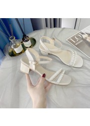 women sandals 2021 summer new korean women square head rhinestone women's shoes fairy style thick heel buckle sandals women