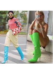 Size 34-43 Women Super Fiber Stone Pattern Knee High Boots Pointed Toe Thin Heel Slip On Party Club Winter Women's Girl Shoes