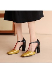 FEDONAS Women Pumps Spring Summer Fashion Mixed Colors T-strap Genuine Leather Square Toe High Heels Woman Party Office Shoes