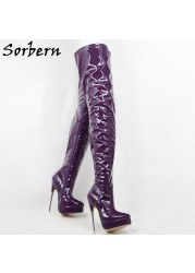 Sorbern Unisex Crotch Thigh High Boots 18cm Metal High Heel Long Boot Shoes Ladies Platform Spike Hard Walking Boot Pointy Toes