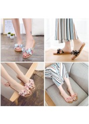 Women Summer Beach Slippers Female Breathable Floral Bow Linen Slippers Sandals Woman Non-slip Flats Female Flip Flop Fashion