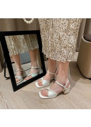 REAVE CAT Soft Comfortable Leather Women Sandals Square Toe Chunky Heels Pleated Buckle Strap 34-39 White Summer Elegant S3662