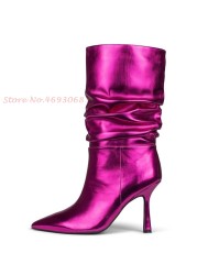 Metallic Leather Mid-Calf Boots Pleated Thin Heels Women Sexy Slip-On Pointed Toe Modern Boots 2022 Spring British Style Boots