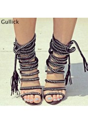 Strappy Heel Sandals Metal Chains Wrap High Heel Shoes Ankle Straps Tassel Gladiator Summer Hollow Dress Shoes Sandals