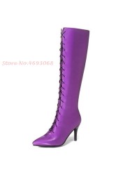 Purple Pointy Heels Knee High Boots Women Med Heels Spring Plus Size Satin Long Lace-up Boots Sexy Thin Heel Cross-tied 2022 Boots