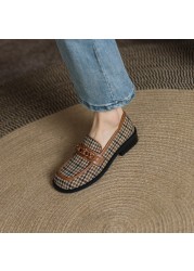 2022 Spring/Autumn Women Pumps Square Toe Chunky Heels Shoes Women Cotton Canvas Shoes Women French Retro Lattice Women Loafers