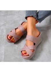 Rimocy Fashion Cross Straps Women Wedges Sandals Summer 2022 PU Platform Slippers Woman Open Toe High Heel Sandals Slides Women